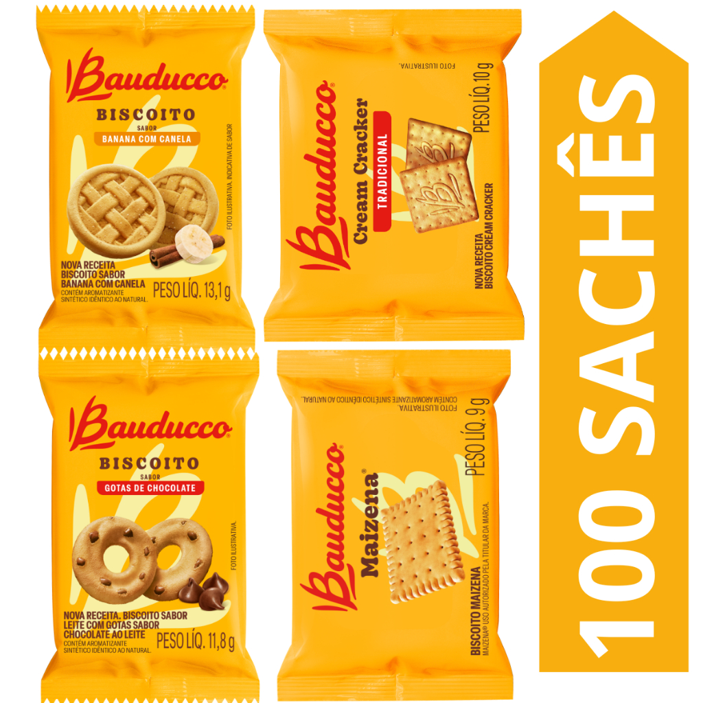 Kit 100 Sachês Biscoito Bauducco Sabores Leite E Gotas De Chocolate, Banana, Cream Cracker, Maizena em Oferta na Shopee