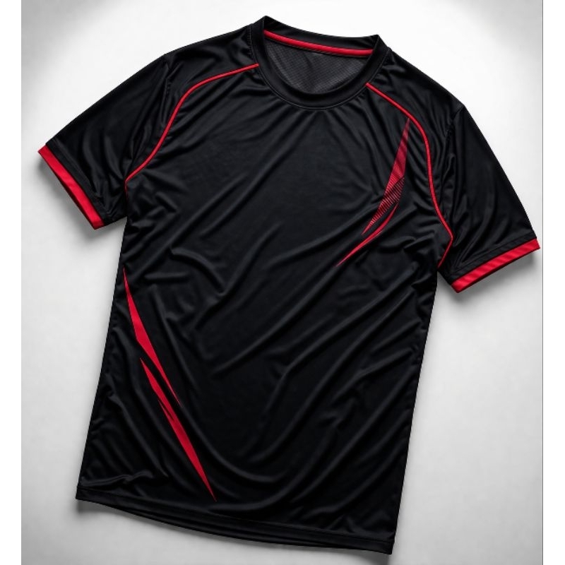 Camiseta Masculina Esportiva Dry Fit Preta com Detalhes Vermelhos