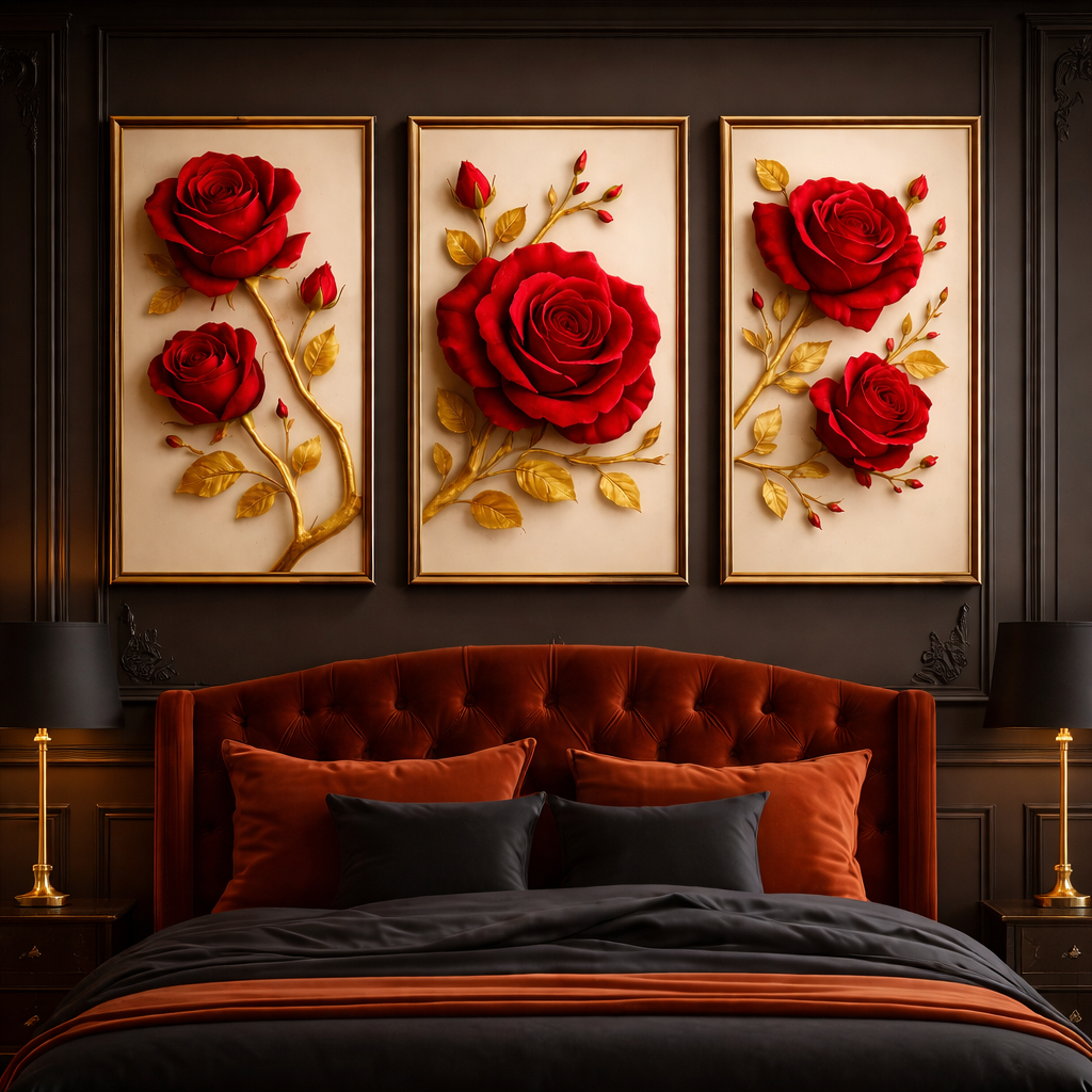 Quadro Decorativo Flor Rosas Vermelhas 3 Pecas 20x30 50x30 Mosaico Abstrato Dourado Sala Quarto Luxo