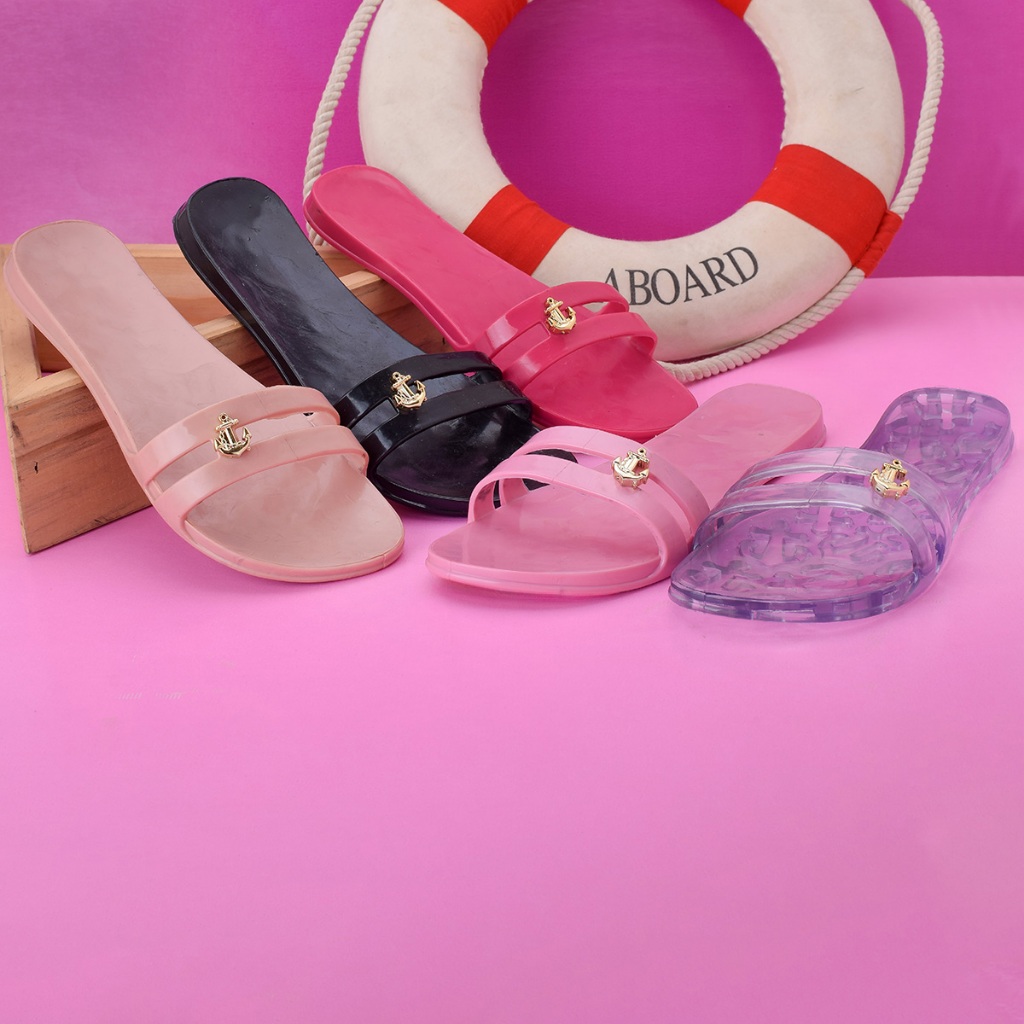 Chinelo Feminino Slide Transparente Estiloso com Âncora Dourada Confortável Antiderrapante PVC