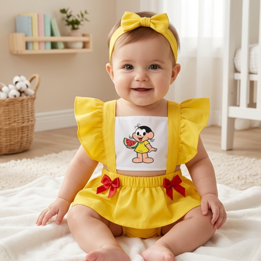 Romper Magali Infantil Temático Mesversário Melancia Roupa De Bebe Turma da Monica, Salopete Romper Body com Vestidinho