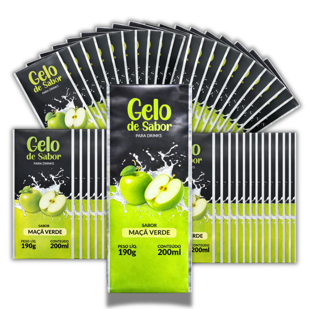 Embalagem para Gelo Sabor Maçã Verde 500 Unidades Gelo Saborizado BOPP Metalizado 200ml