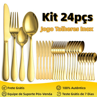 Kit 24 Jogo De Talheres Para Bife Aço Inoxidável Dourados Com Colher Pequena