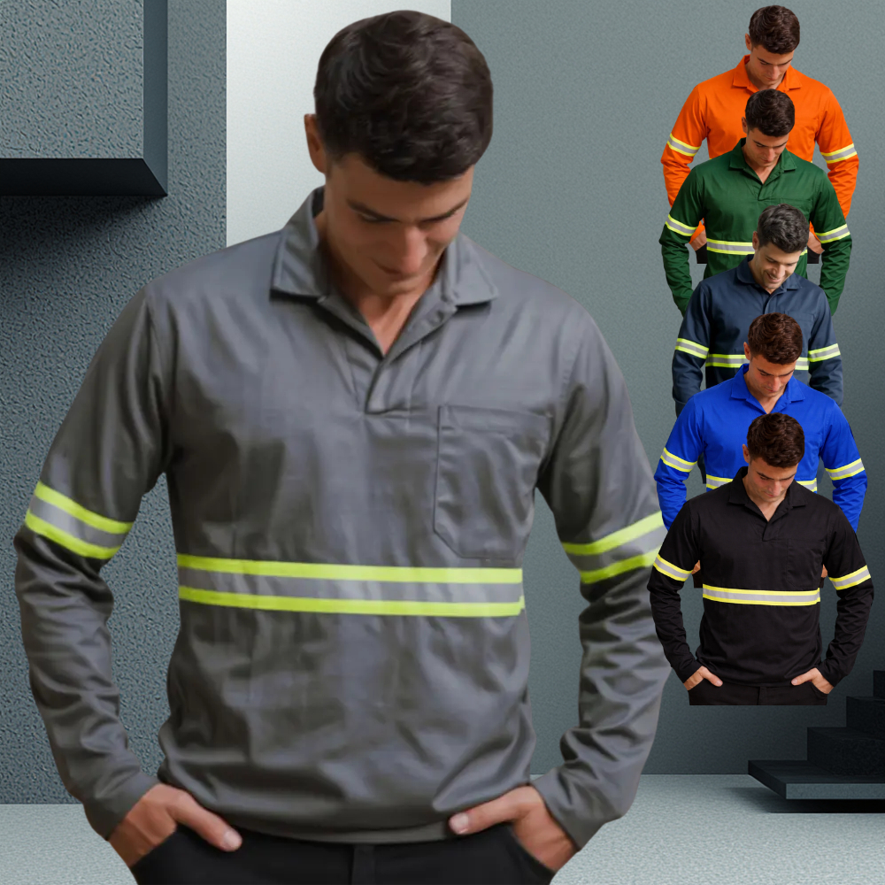 Camisa Jaleco Trabalho Brim Uniforme Profissional Faixa Refletiva Obra Uniforme Serviço