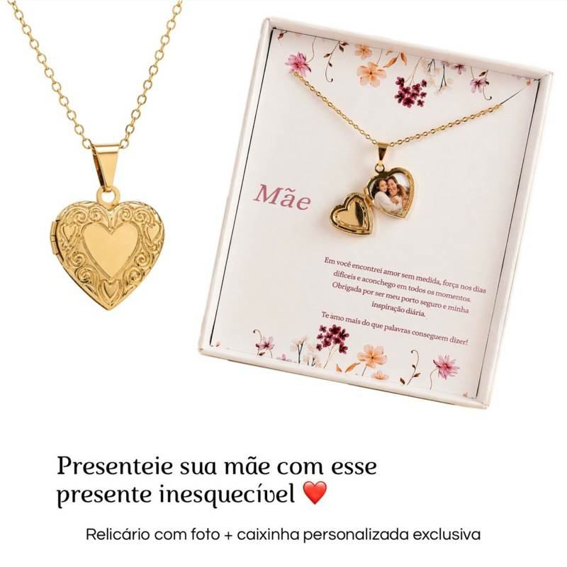 Kit Colar Relicário Coração Com Foto + Caixa Presente Dia Das Mães Semijoia Ouro 18k