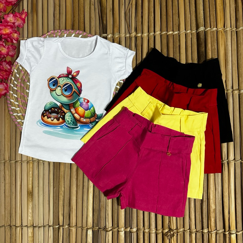 CONJUNTO INFANTIL FEMININO BLUSA ESTAMPADA TARTARUGA COM SHORTS LINDO E CONFORTÁVEL