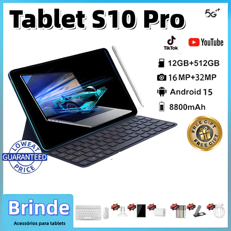 【Teclado e mouse gratuitos】Tablet   S10 Pro 12GB + 512GB de memória 8800mAh 5G Android Tablet 11,6 polegadas Dua