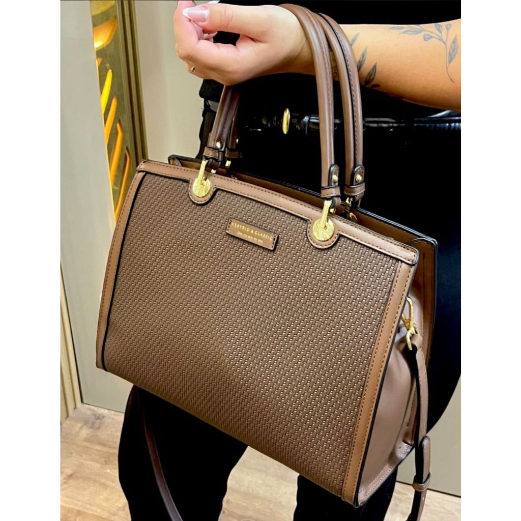 Bolsa Feminina Veryrio Estruturada Couro Texturizada Alças de Ombro e Transversal