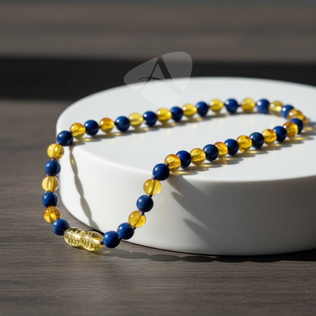 Colar de âmbar adulto barroco mel polido com Lápis Lazúli  - 45 cm