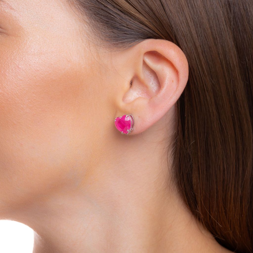 Brinco Coração 10mm Rosa Pink ou Turmalina Verde Banhado a Ródio Branco ou Ouro 18k Feminino Semi Joias