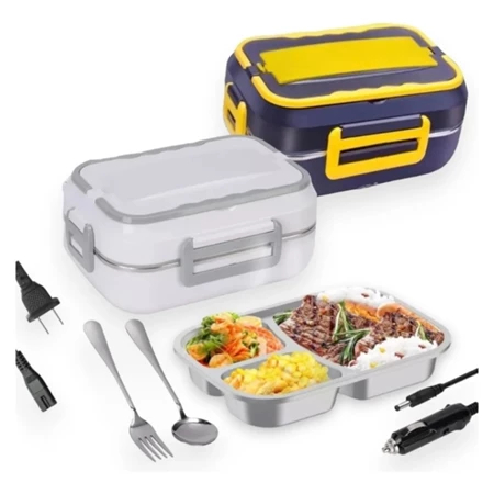 Marmita Elétrica Veicular Bivolt Aquecedor De Alimentos Com Talheres 1,5L - Colher e Garfo - AK-F001A