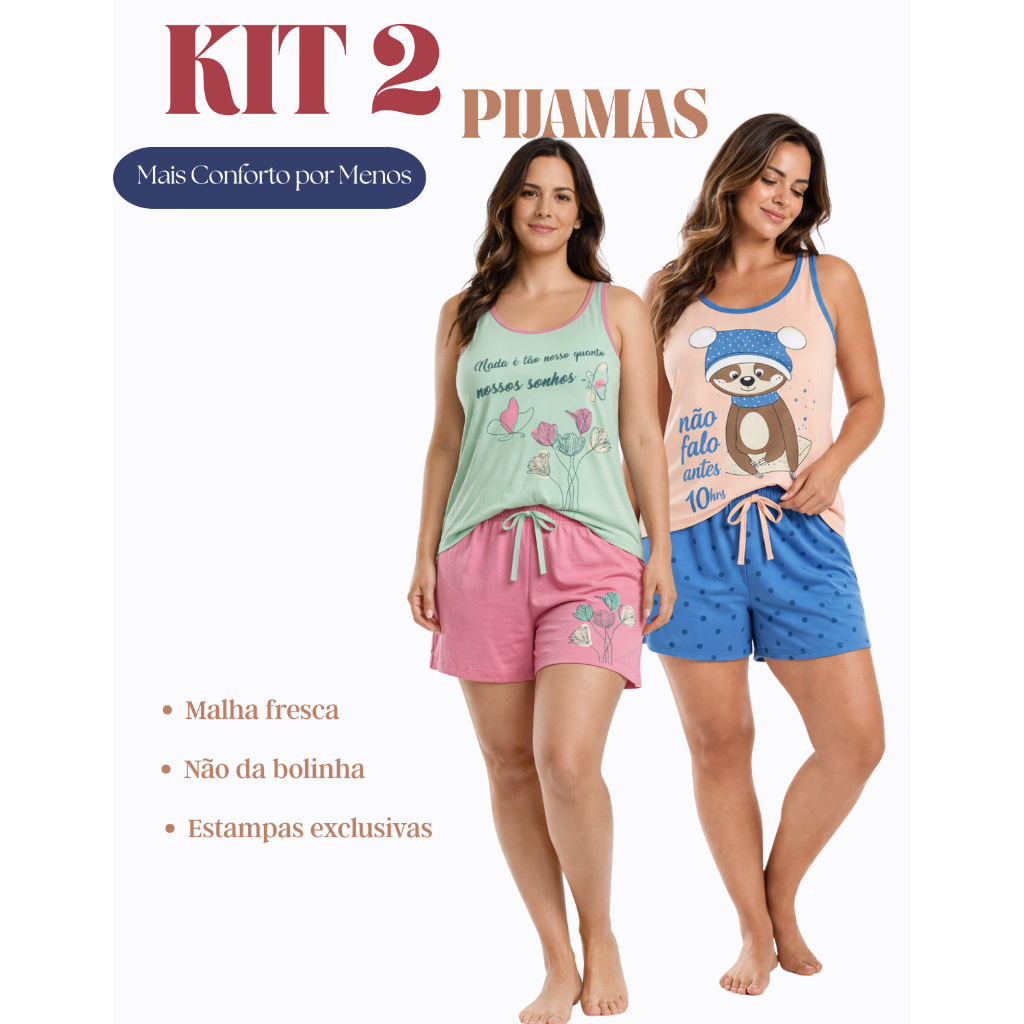 Pijama Feminino KIT 2 Conjuntos Estampados Conforto Leve Dormir Relaxar