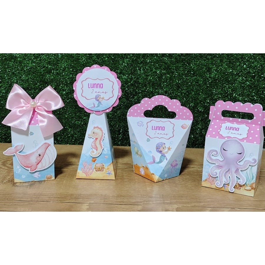 Kit Festa Personalizados FUNDO DO MAR - MENINAS - Caixinhas para Lembrancinhas Aniversário - PAPEL FOTOGRÁFICO