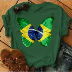 Camiseta Camisa Blusa Feminina Básica " Borboleta Bandeira do Brasil " Casual Copa do Mundo 2026