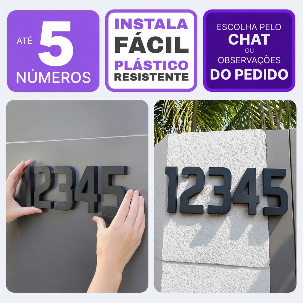 Números Residenciais Prediais Letras 3D Caixa Alta em Plástico Preto | Casa Comércio com 1 a 5 Uni Fachada Endereço