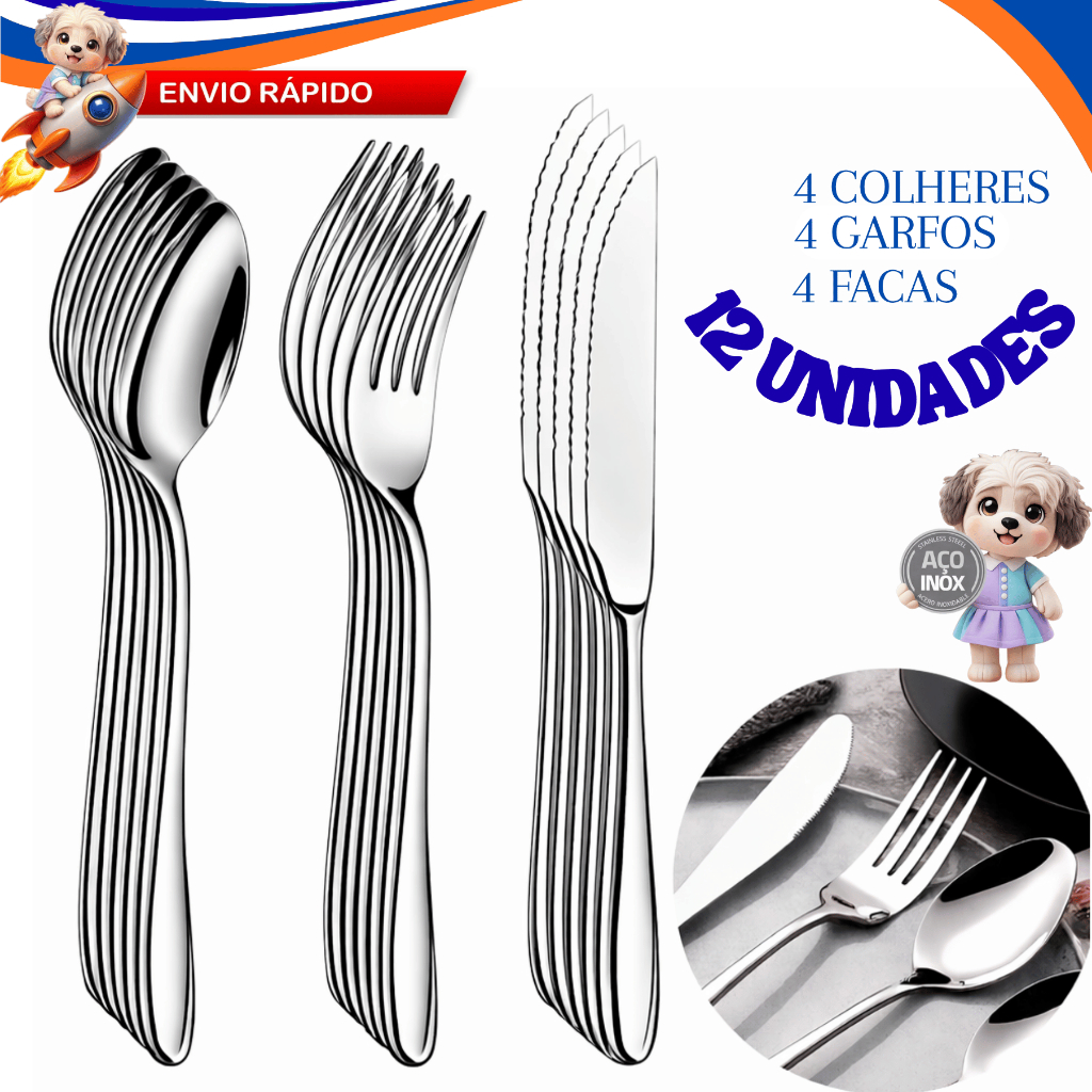 Kit Talheres Inox 12 18 24 36 Peça Conjunto Garfo Faca Colher Premium Cozinha Resistente Casa Buffet
