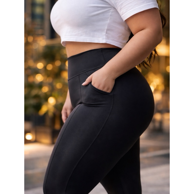 Calça Plus Size Montaria Suplex Grosso Zero Transparência Legging Montaria G1 ao G4 Preta com Bolso Faca