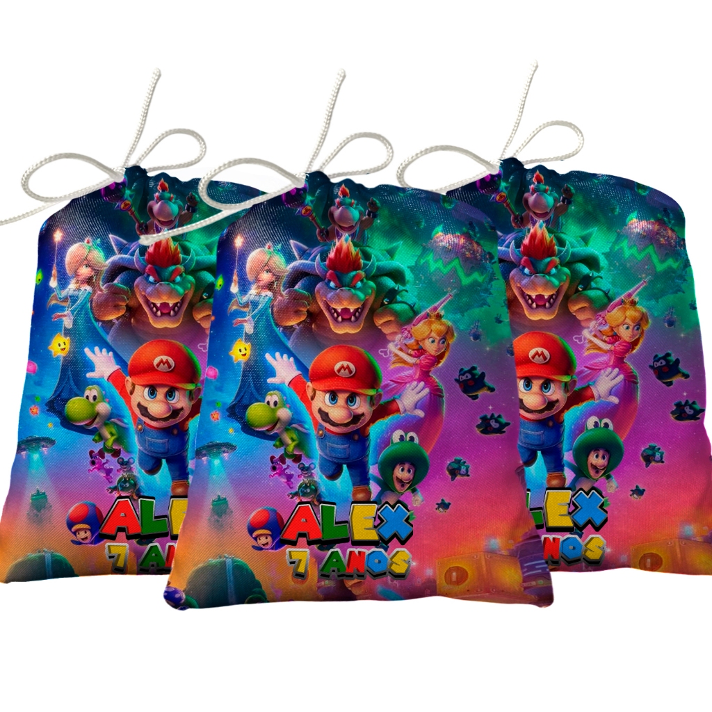Sacolinha Lembrancinha Festa Aniversário Surpresa Tecido Personalizado Super Mario Galaxy o Filme