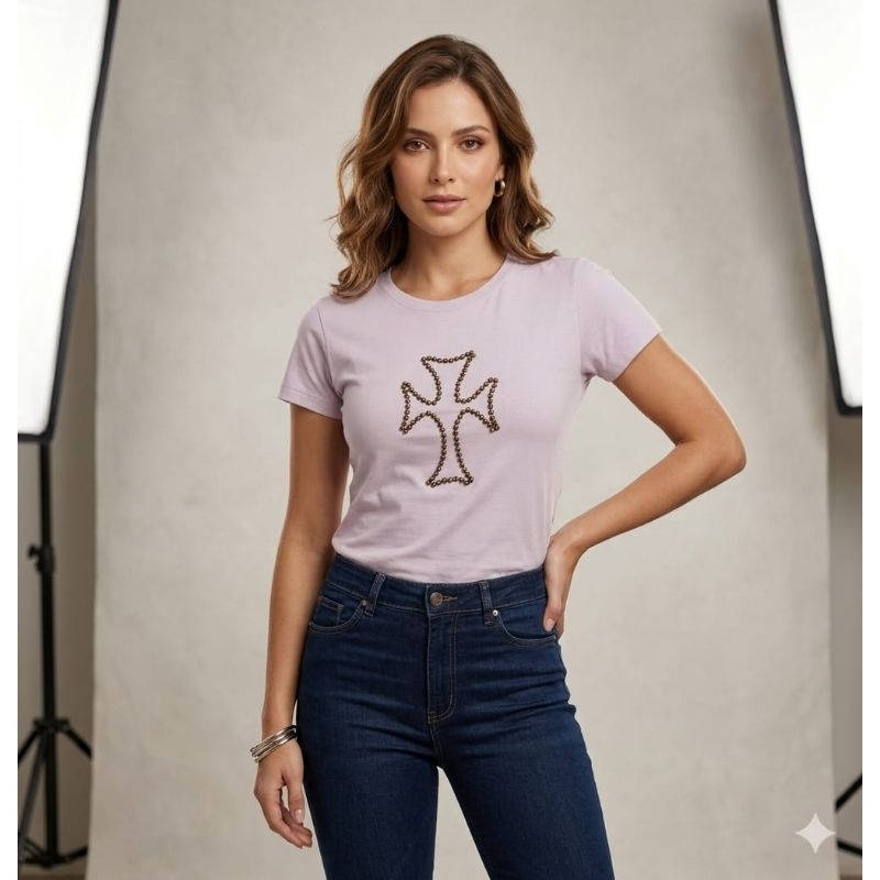 Blusa 100% Algodão, bordado com pedrarias chaton, feito manual