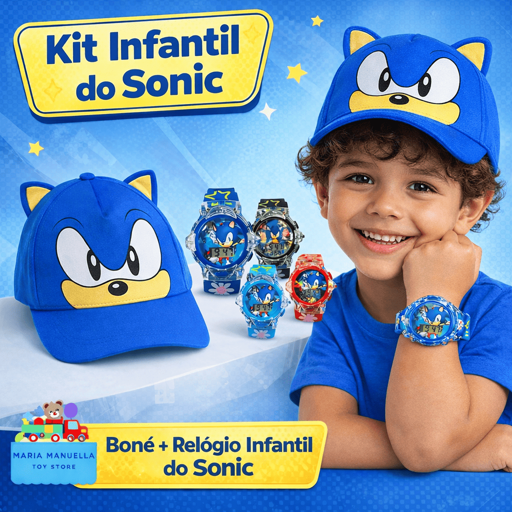 Boné Sonic Infantil + Relógio Digital com Música e Luzes Personagem Brinquedo Divertido Criança