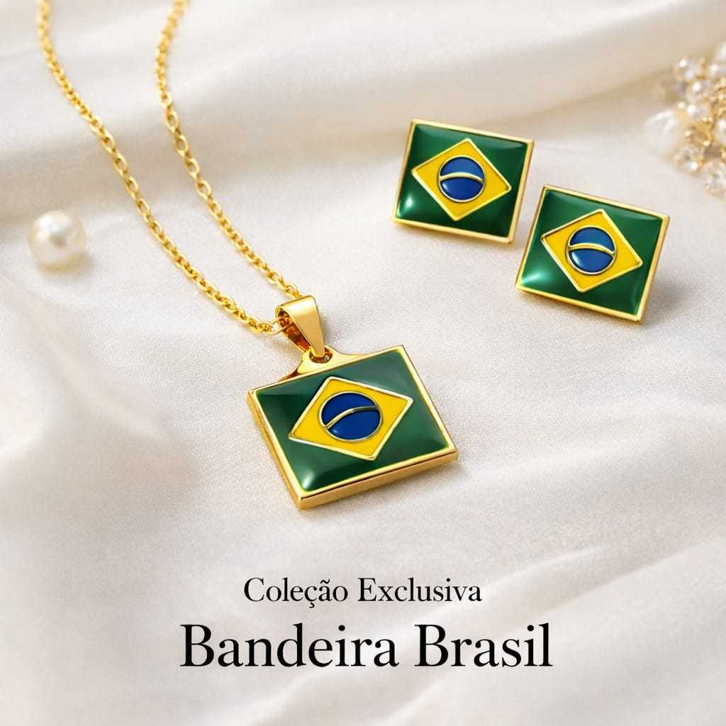 Conjunto Colar + Brincos Bandeira do Brasil 🇧🇷 Banhado a Ouro 18K Quadrado/Geométrico Feminino Elegante
