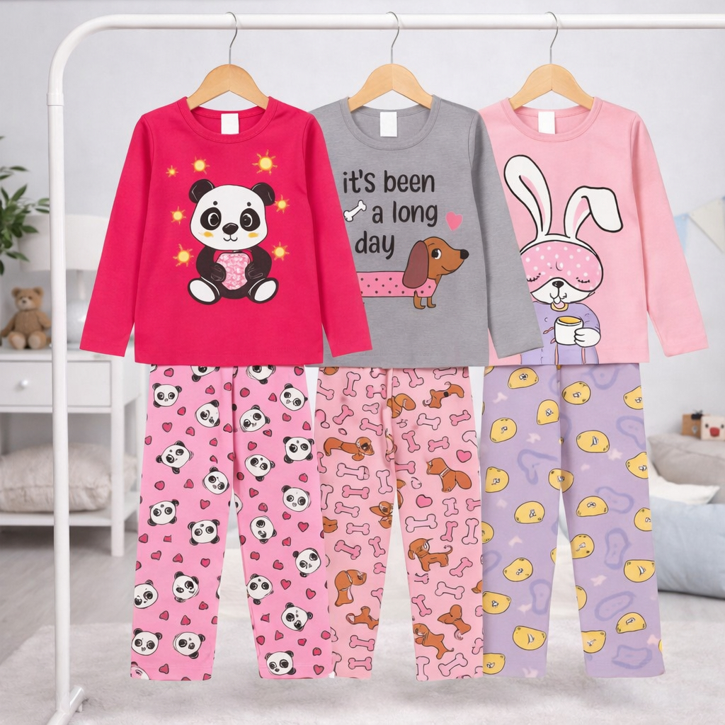 Kit 3 Pijamas Infantil Feminino Menina Manga Longa Meia Estação - Tamanho 1 ao 14 anos
