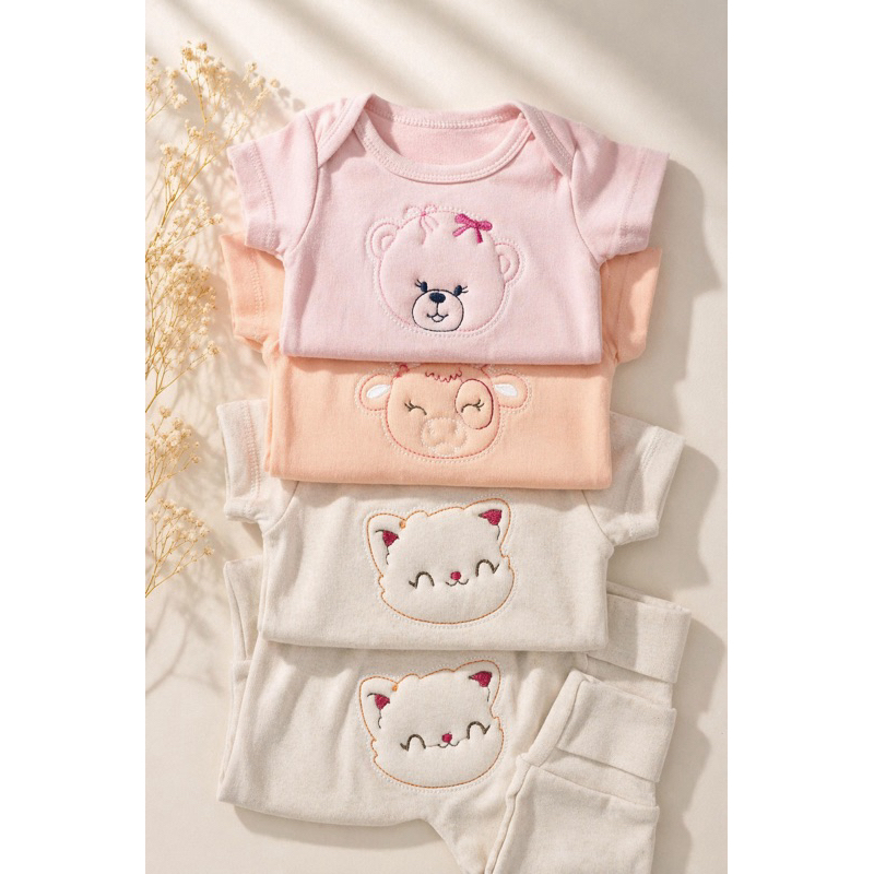 Kit 6 Peças  Conjunto Body Manga Curta Bordado + Calça vira pé  bordado 100% algodao premium