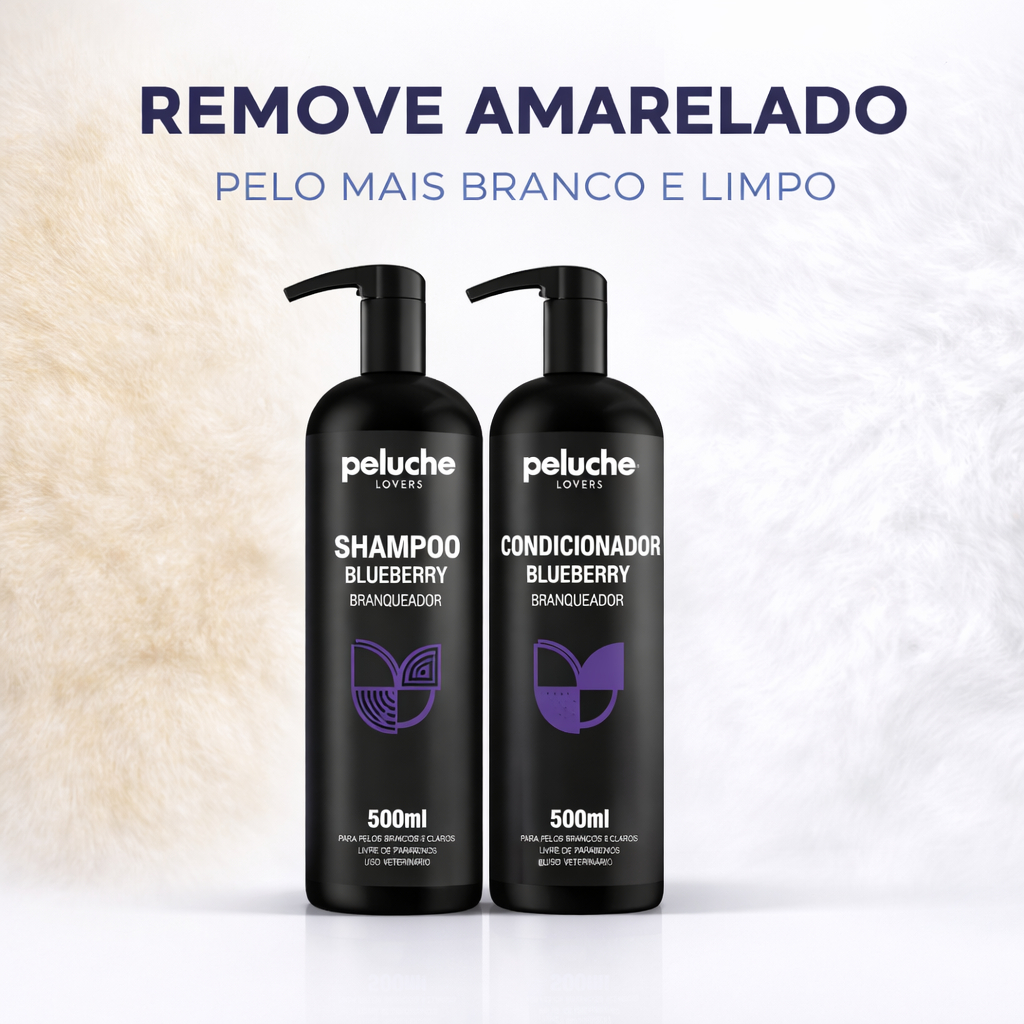 Shampoo Pet Branqueador Blueberry + Condicionador 500ml Pelos Claros Cães Gatos Peluche