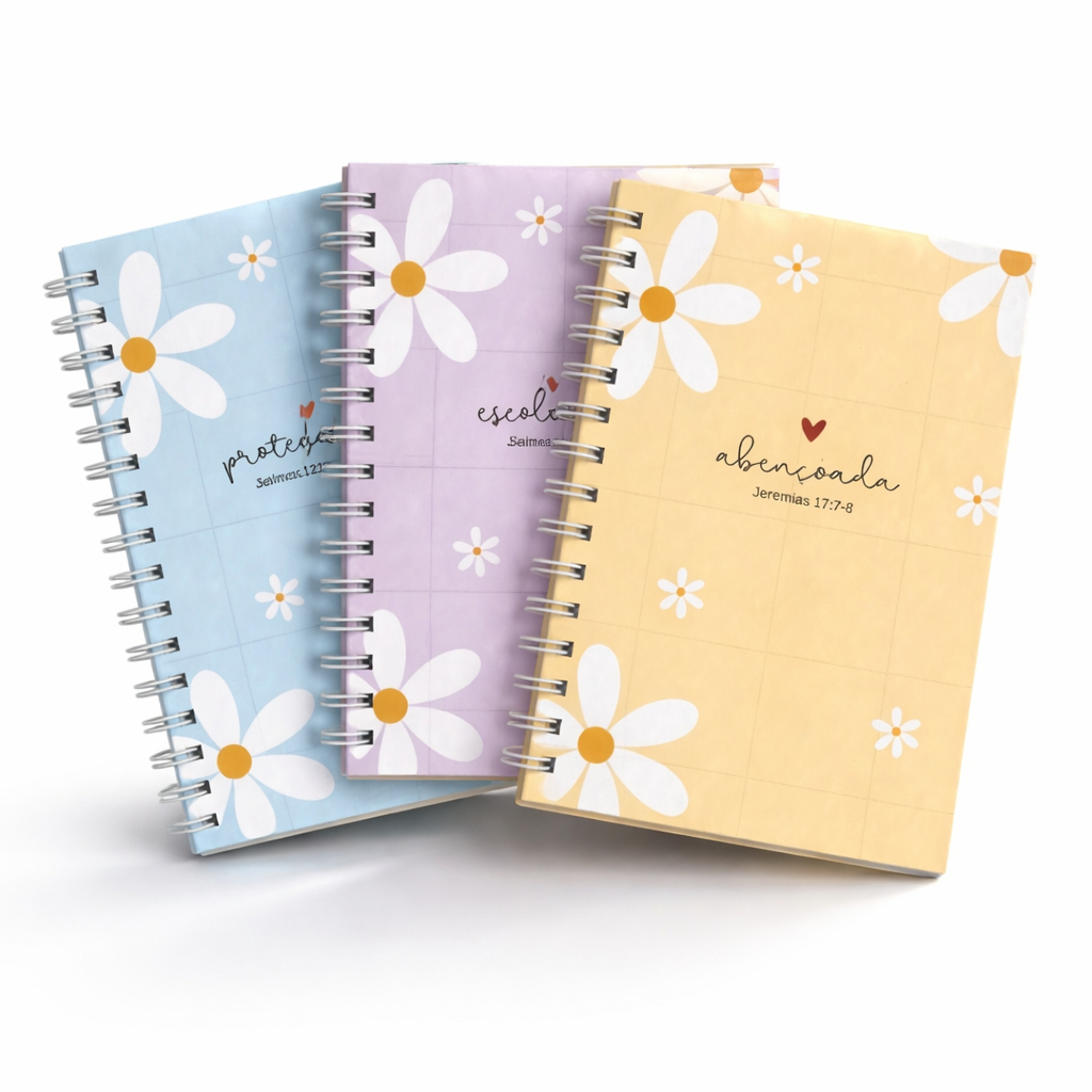 Kit 3 Caderno Escrita Floral A5 Papel Capa Dura Agenda Anotações Oração Dia das Mulheres Mãe