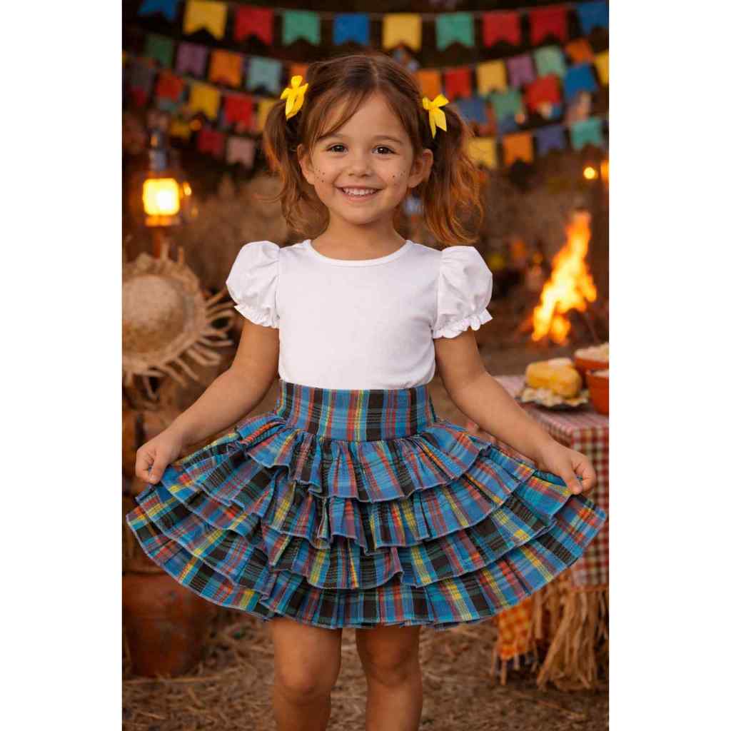 Saia Festa Junina Infantil Xadrez com Babados