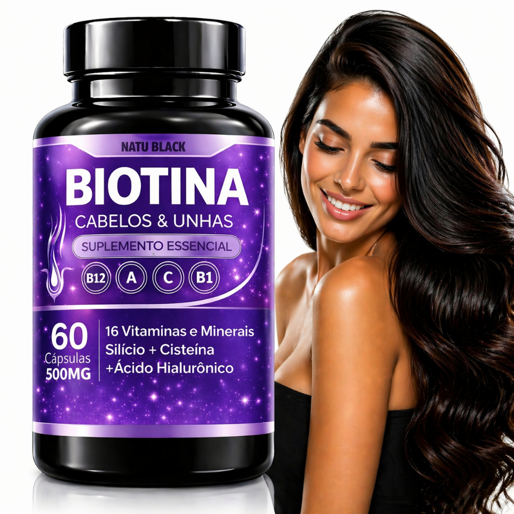 Biotina CABELOS & UNHAS com Ácido Hialurônico Fólico Vitaminas A B1 B2 B6 B12 Niacina Zinco e Cromo