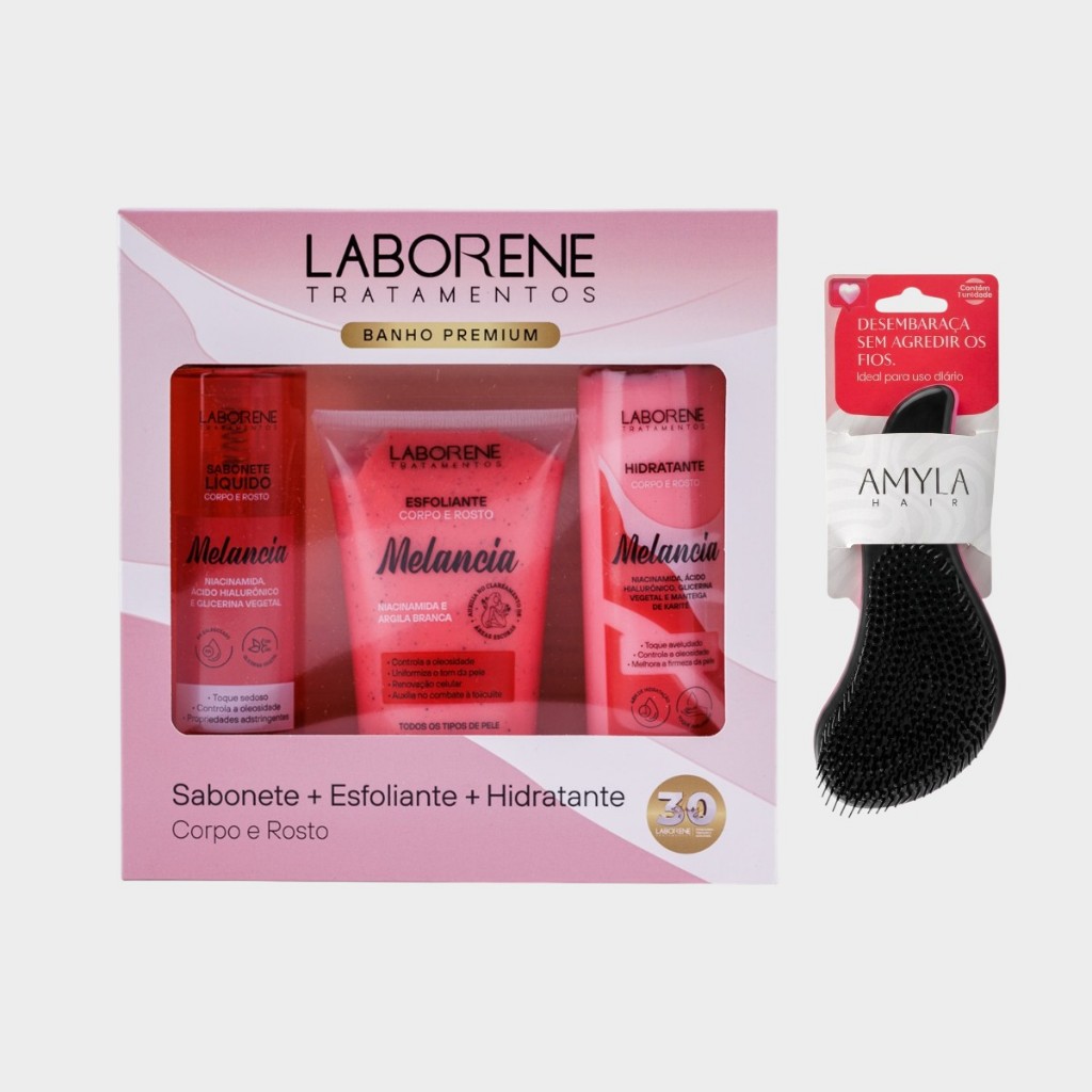Kit Banho Premium Corpo e Rosto Sabonete Liquido 200ml, Esfoliante 170g e Hidratante 200ml + Escova – Laborene