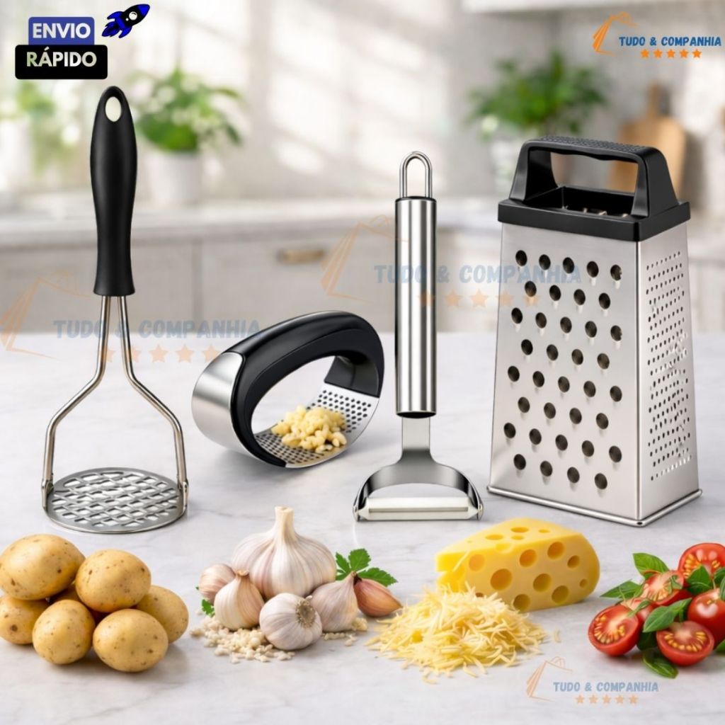 Kit de Utensílios Ralador 4 Faces Descascador de Legumes Amassador Batata Amassador Alho em Aço Inox