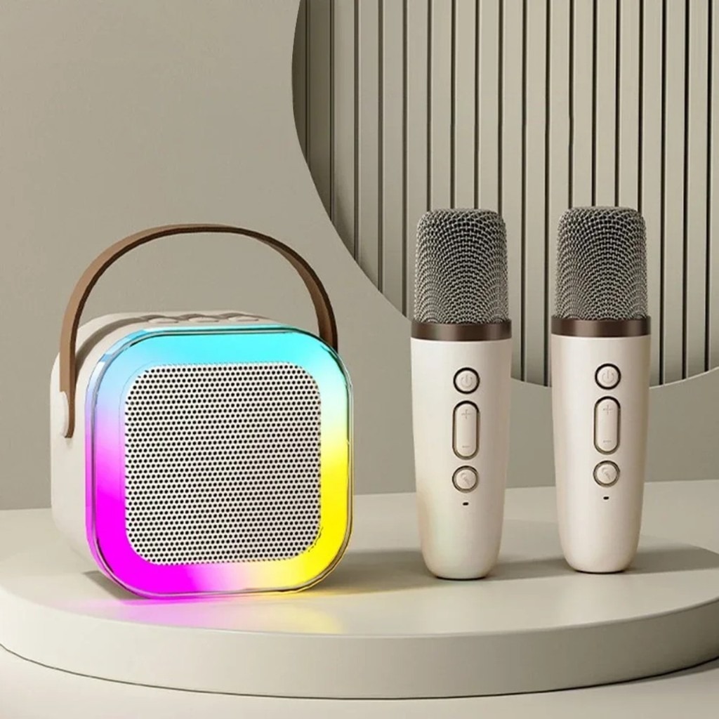 Caixa de Som Karaokê Bluetooth / com 2 Microfones Sem Fio Diversão em Família Portátil