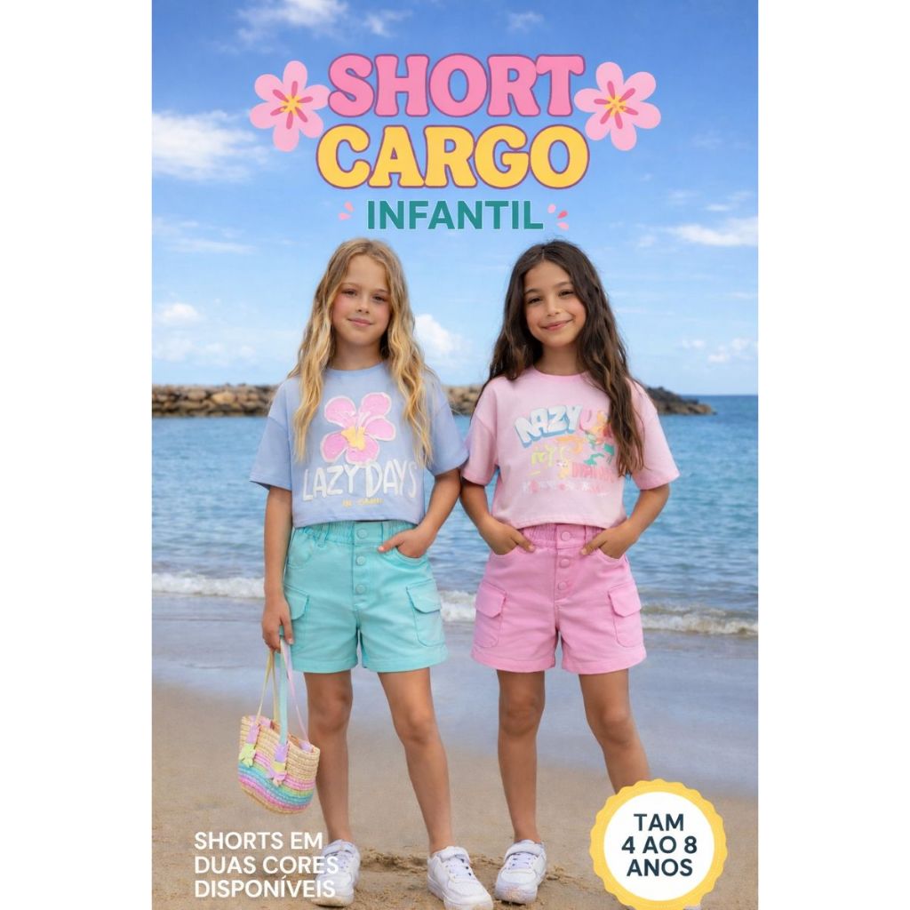 Short Infantil Cargo Brim Sarja Menina Blogueirinha Premium Com Elástico Cintura Verão Tam 4 ao 8 anos - 2 Cores