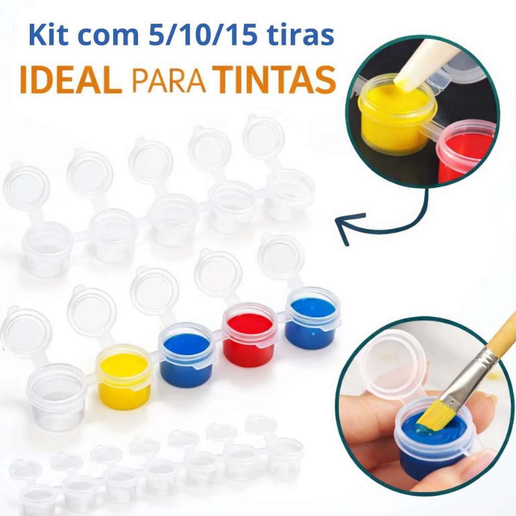 Tira Pote tinta vazio 5/10/15 -- 3ml com Tampa – 6 Recipientes Interligados Transparente pintura lembrancinha artesanato