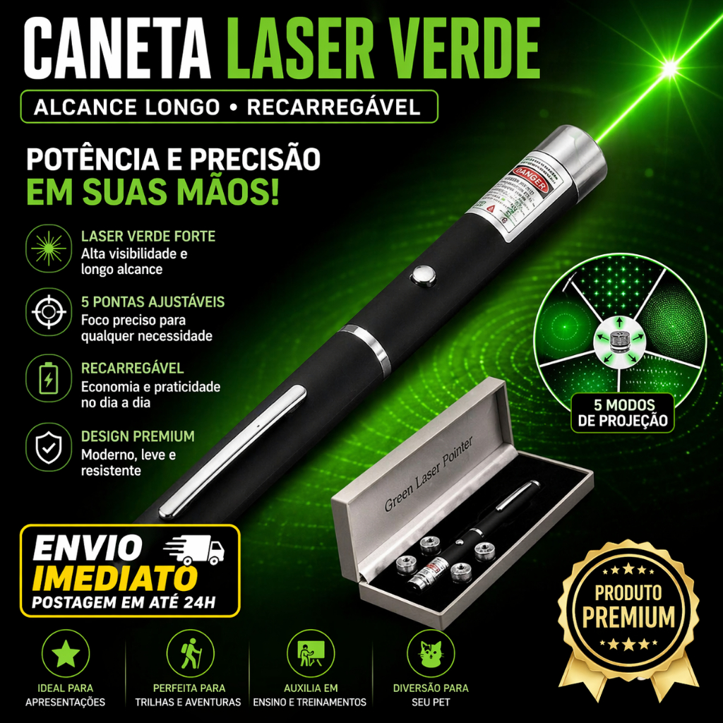 Caneta Laser Verde Forte Recarregável Alto Alcance Apontador Profissional / Apresentação Astronomia