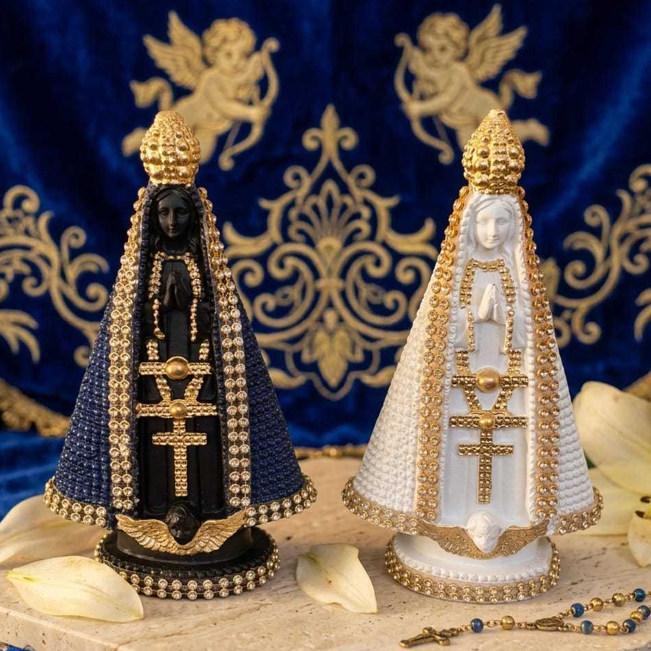 Imagem de Nossa Senhora Aparecida Santinha (Azul e Branca) 15cm Decoração Religiosa com  Strass.