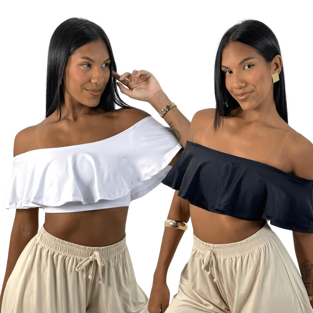 KIT 2: Cropped Feminino Ciganinha Ombro a Ombro Babado com Top por Baixo Suplex Premium