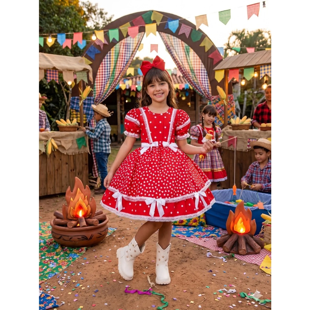 Vestido Festa Junina Infantil Caipira Vermelho Corações Larissa