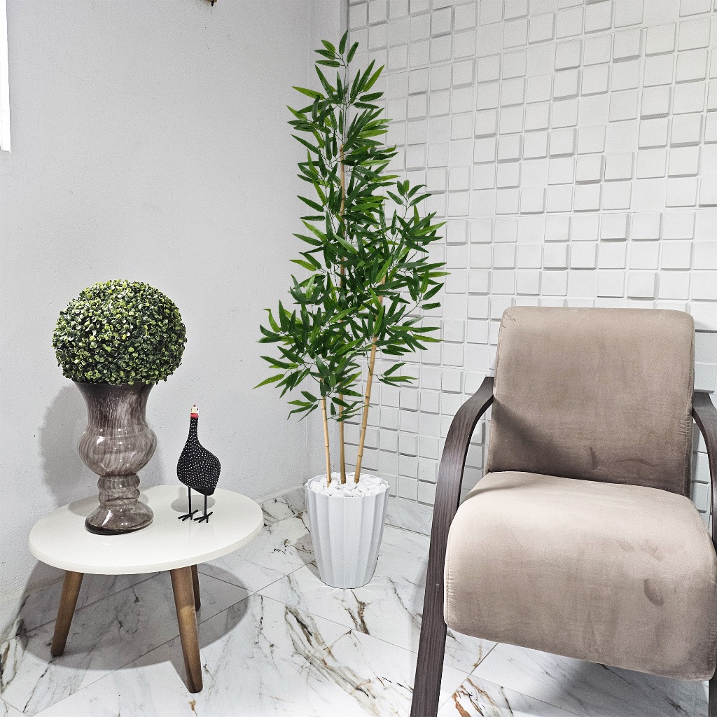 Arranjo Grande Bambu Artificial Mosso 150cm Pedra Vaso Cone Mármore