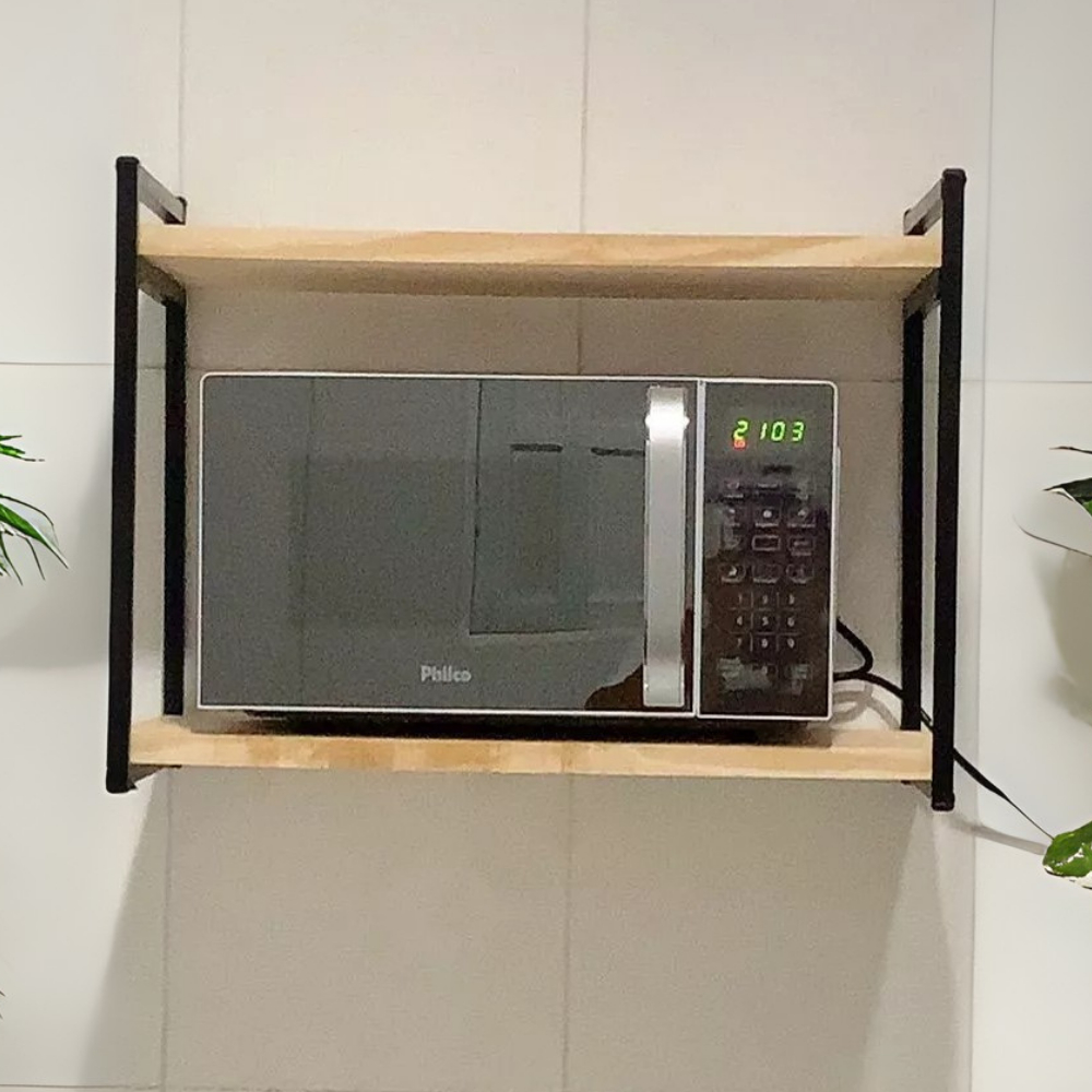 Prateleira Suspensa 50cm Industrial Suporte Microondas Forno Air Frier Impressora Aço Madeira Pinus