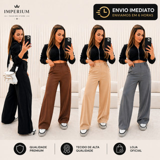 Calça Feminina Pantalona Alfaiataria Premium Com Bolso Cintura Alta Social Wide Leg Moda Gringa