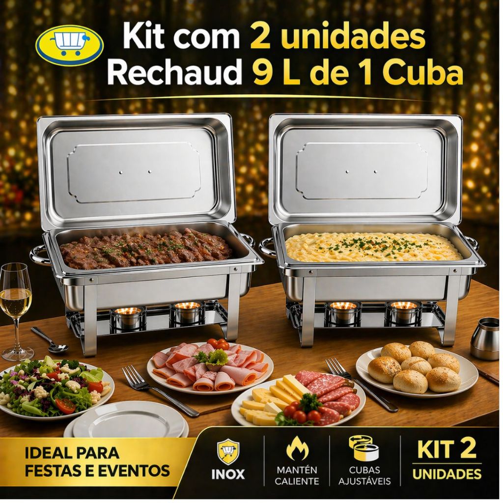 Kit c/2 Rechaud Retangular 9L com 1 Cuba Profissional Banho Maria Buffet Gourmet  Fogareiro Aço Inox