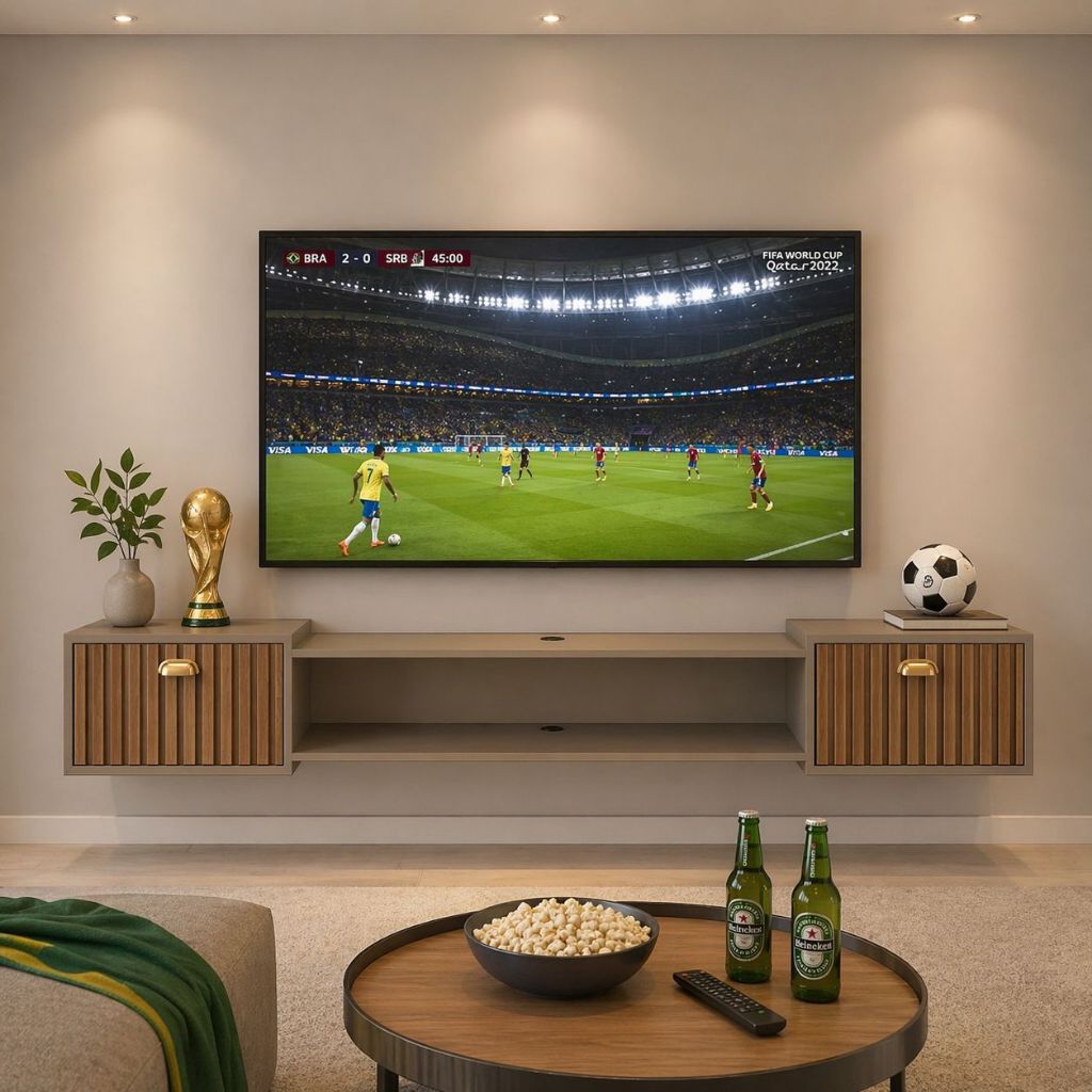 Rack Bancada Shop Brasil Sala 1.20 cm Para Tv 50 pol Suspenso Home com 2 Portas - LANCAMENTO COPA BRASIL