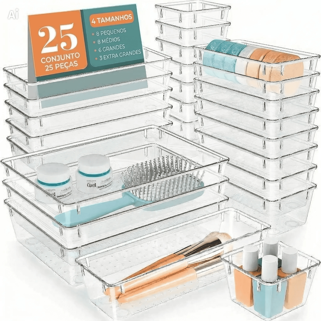Organizador Conjunto Kit com 25 Caixas Acrilico Geladeira Gaveta Multiuso Cesto Porta Alimentos Frutas Verdura