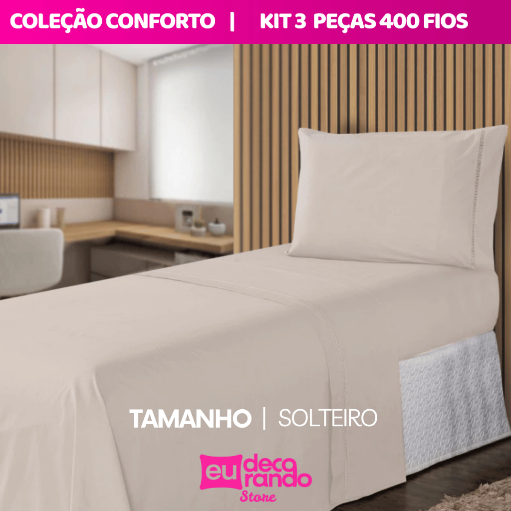 Jogo 3 Peças Lençol para cama de Solteiro com Ponto Palito Percal 400 Fios Muitas Cores Lindas