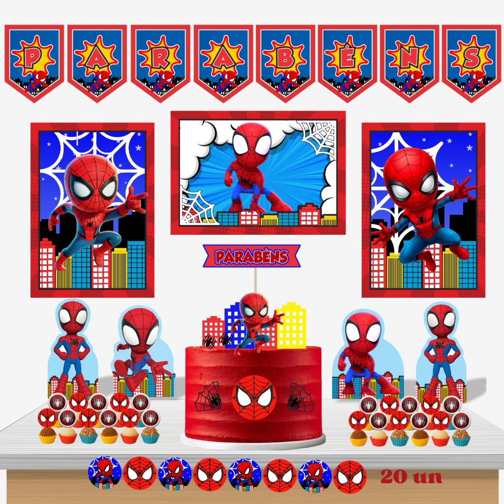 Kit Festa Homem Aranha Cute Aniversário Infantil – Completo – Topo + Display + Tag + Adesivos + Poster + Bandeirola