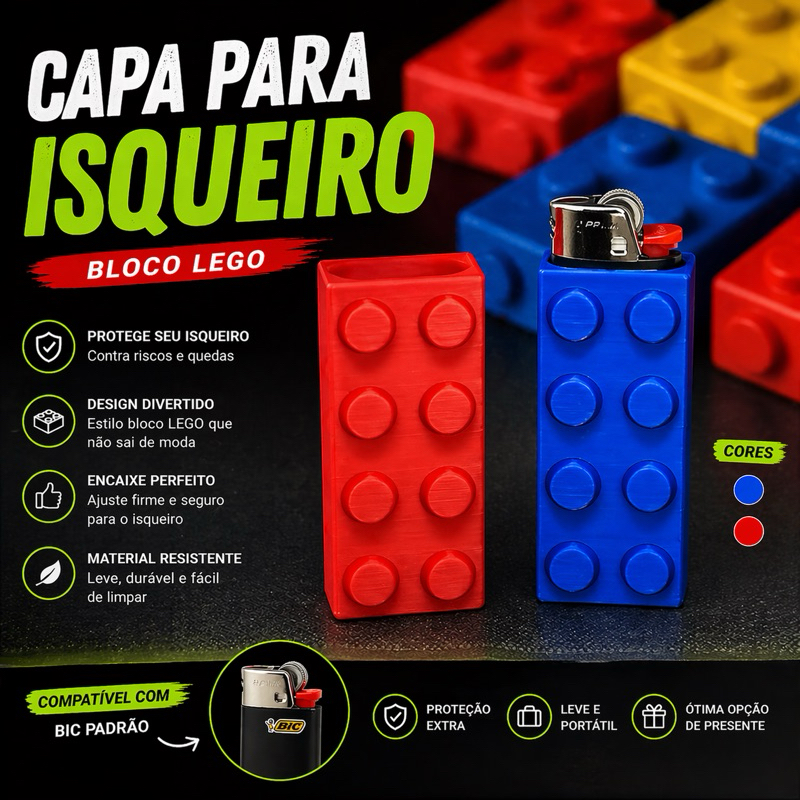 Capa Isqueiro Brick Style  – Case 3D Estilo Bloco (BIC Médio) CAPA + LEGO