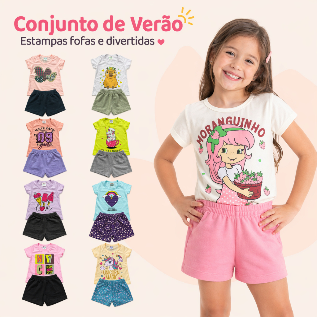 Kit Sortido 10 Peças de Roupas Infantis Menina 5 blusas + 5 shorts Kit 5 Conjuntos Menina Verão Bebê